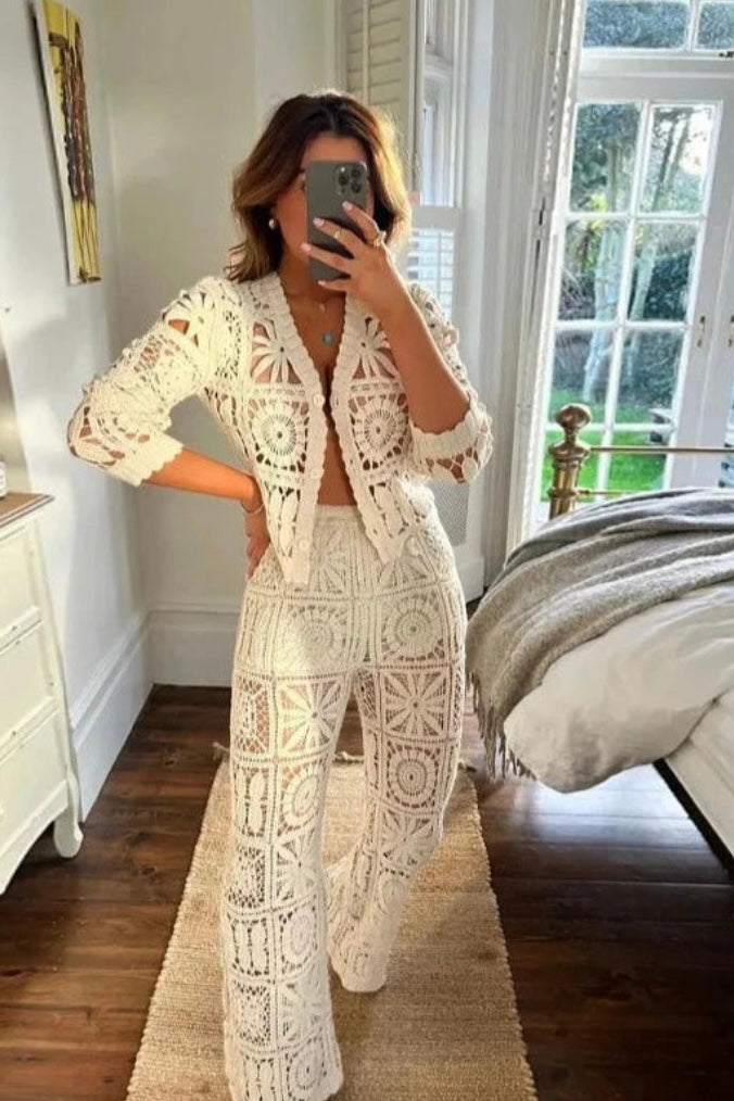 Calça Crochê Ponto Mandala Cru
