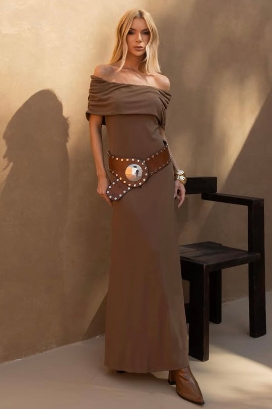 Vestido Longo Ombro A Ombro Marrom