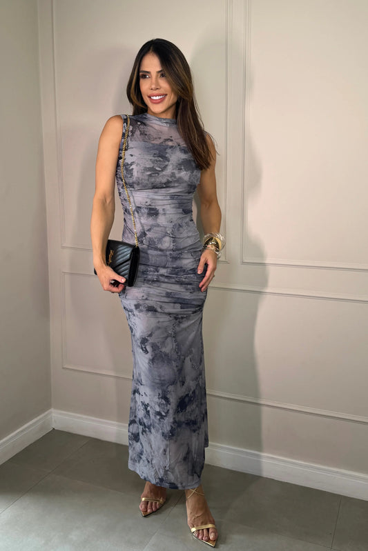 Vestido Tule Estampado Drapeado Azul