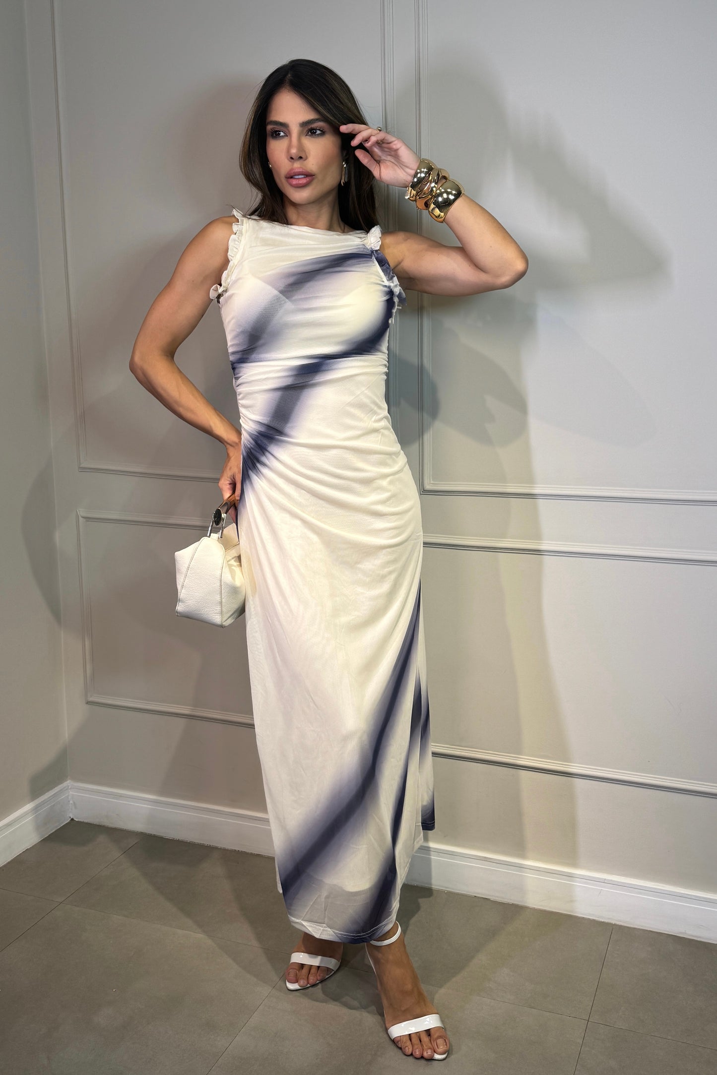 Vestido Tule Estampado Azul