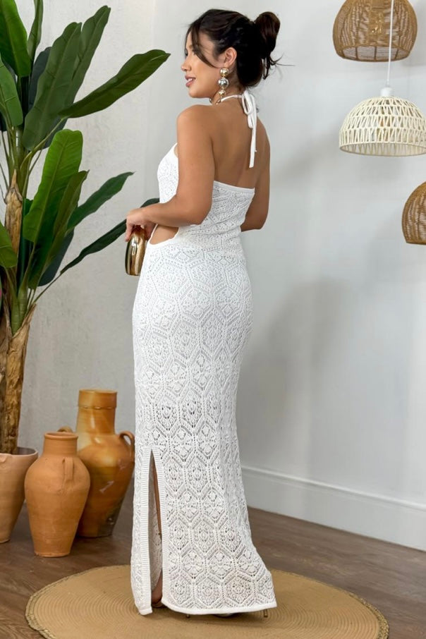 Vestido Tricot Rendado Amarração No Pescoço Branco