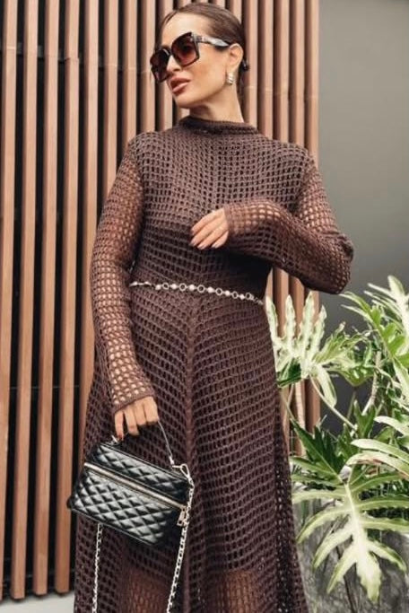 Vestido Longo Crochê Marrom
