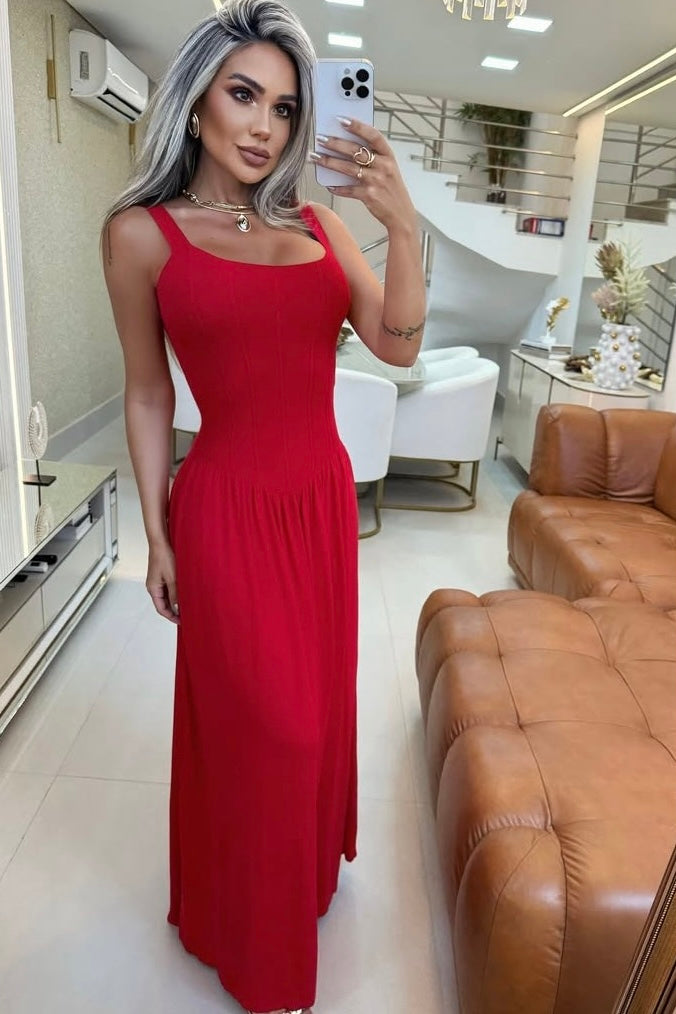 Vestido Tricot Modal Longo Elegância Vermelho
