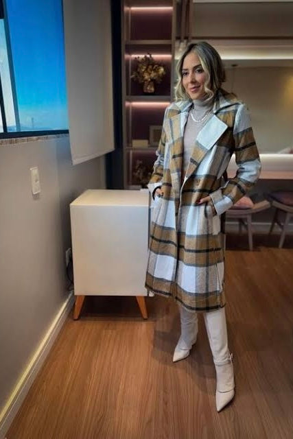 Sobretudo Xadrez Em Lã Batida Caramelo