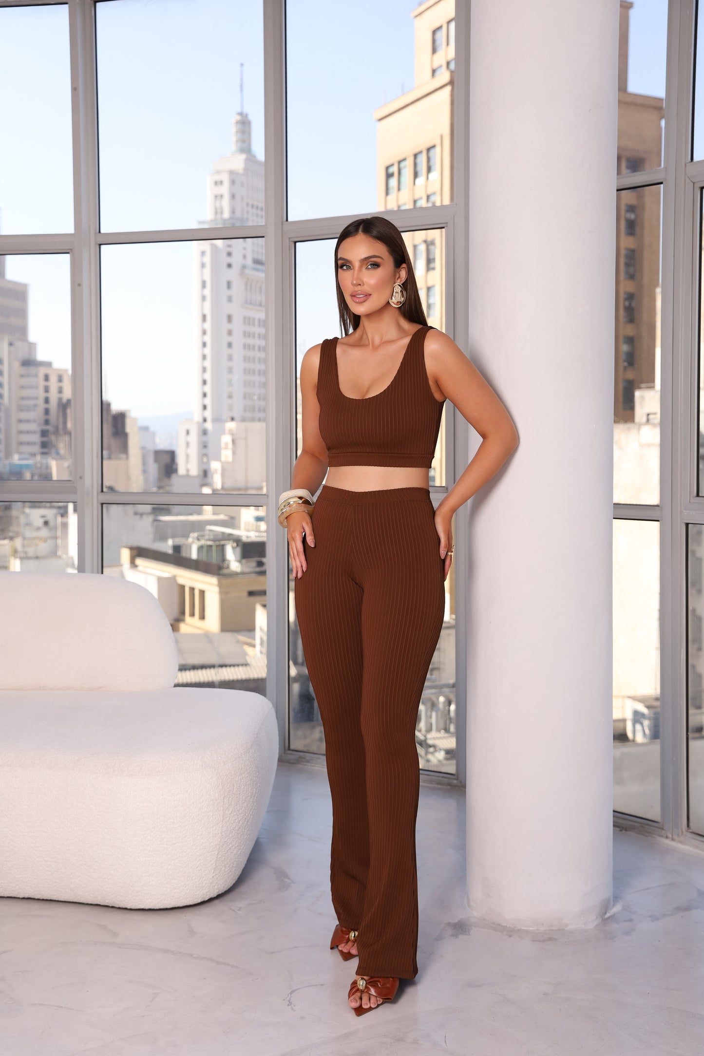 Cropped Modelador Poliamida Dupla Marrom