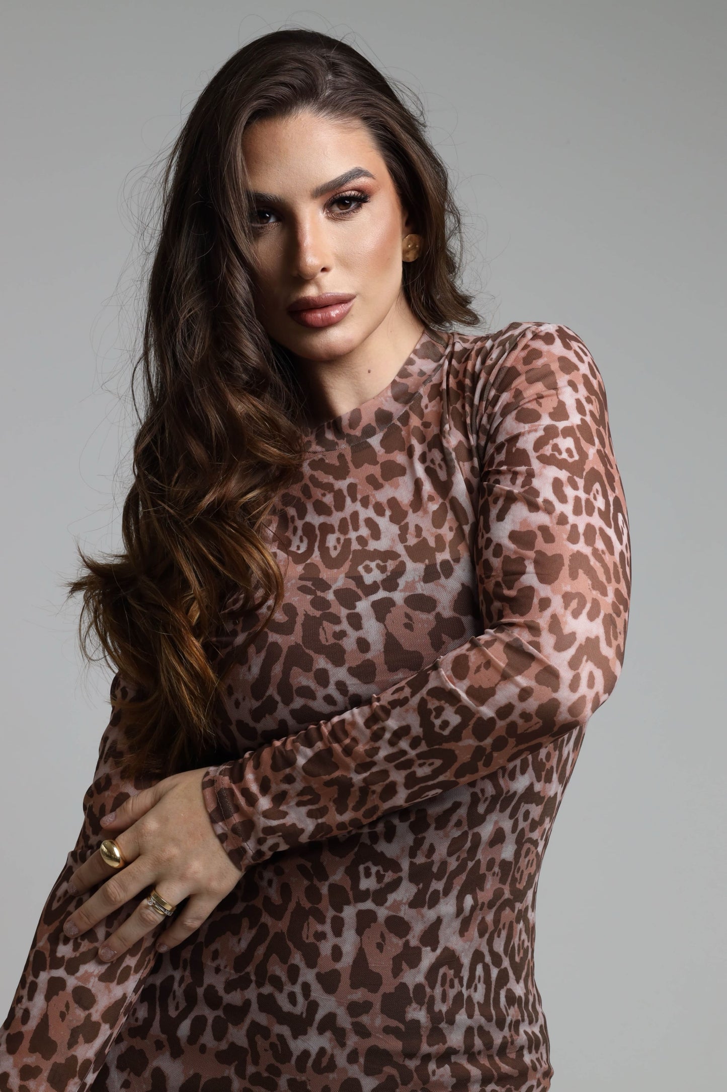 Vestido Tule Estampado Marrom