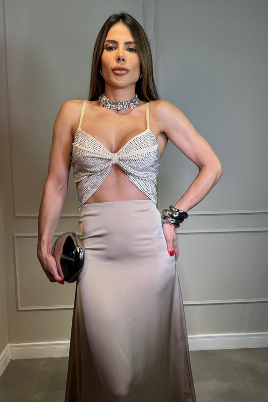 Cropped Borboleta Strass Bege