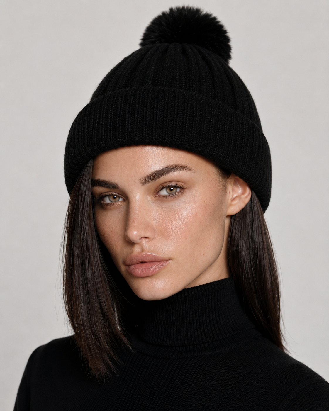 Touca de tricot com pompom - Preto