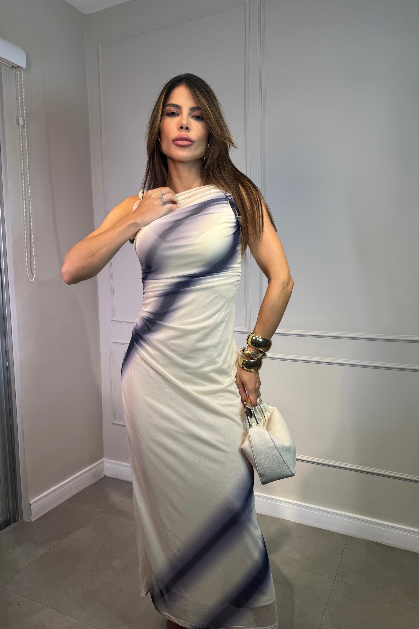 Vestido Tule Estampado Azul