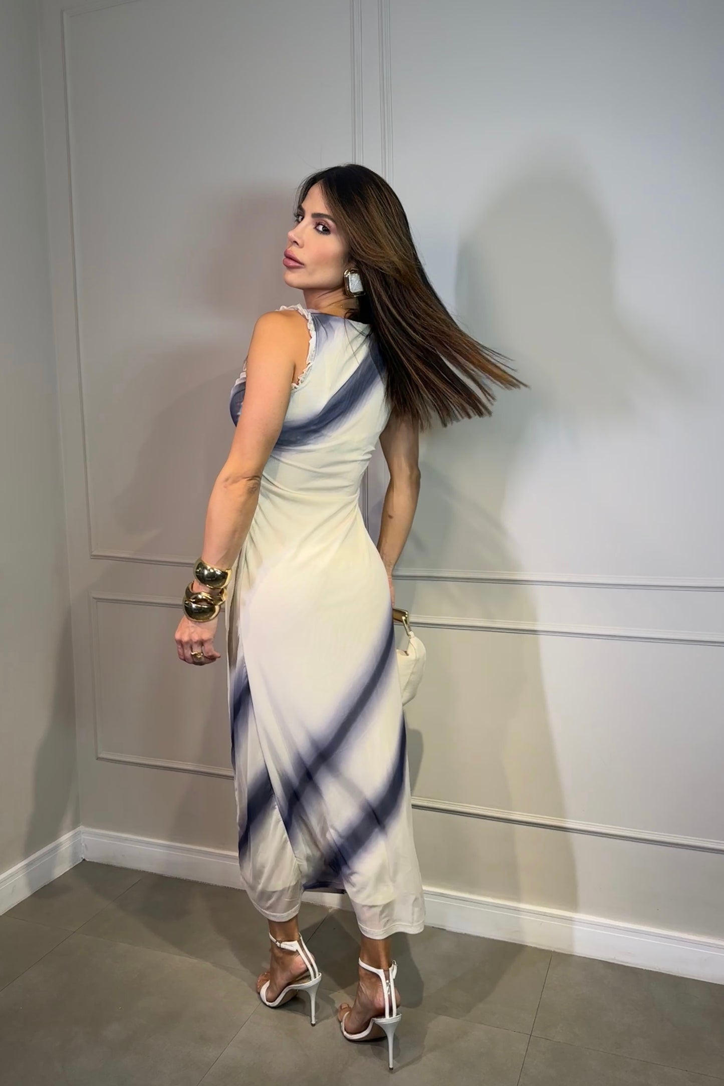 Vestido Tule Estampado Azul