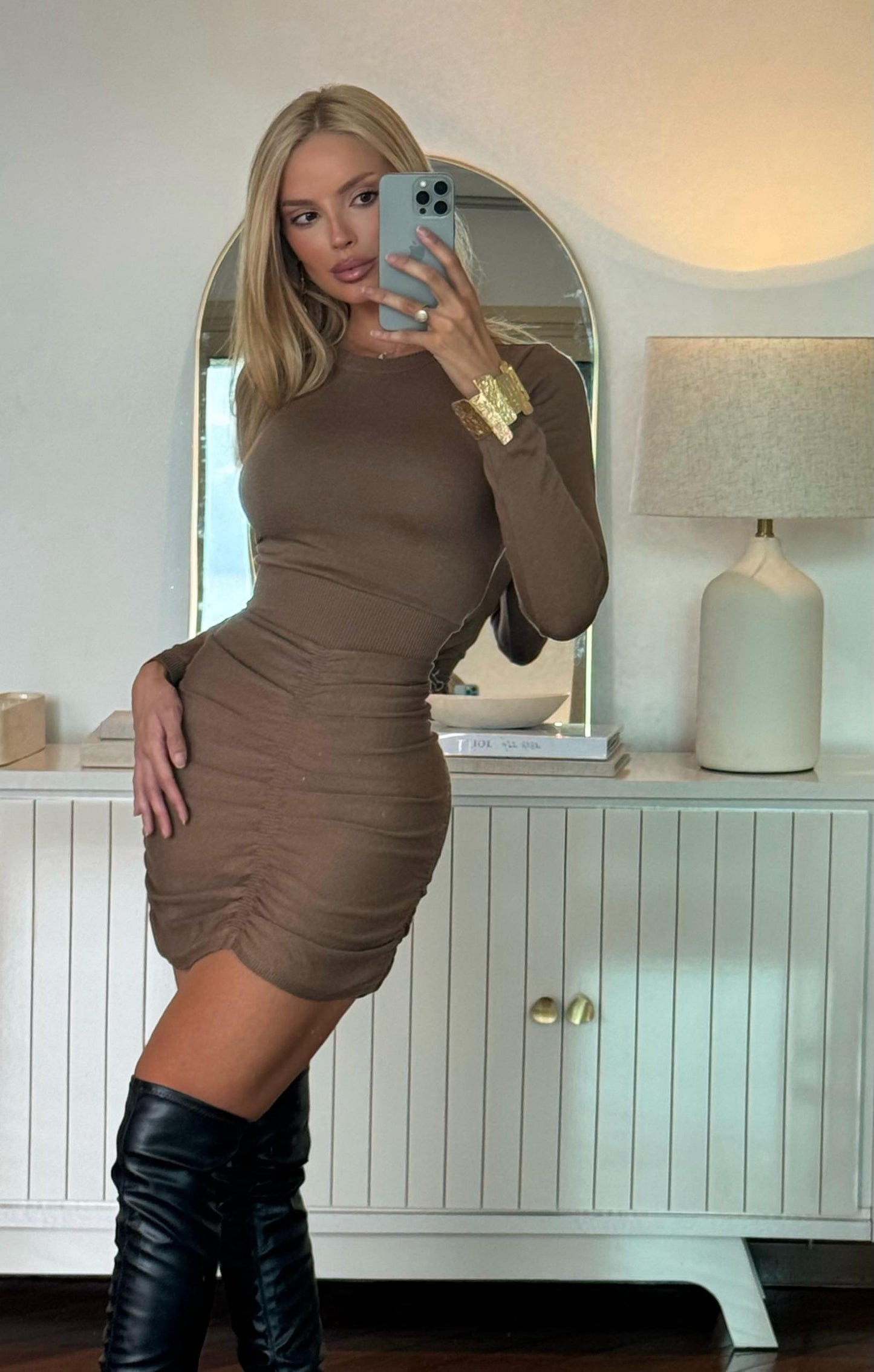 Vestido Tricot Modal Franzido Caqui