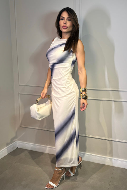 Vestido Tule Estampado Azul