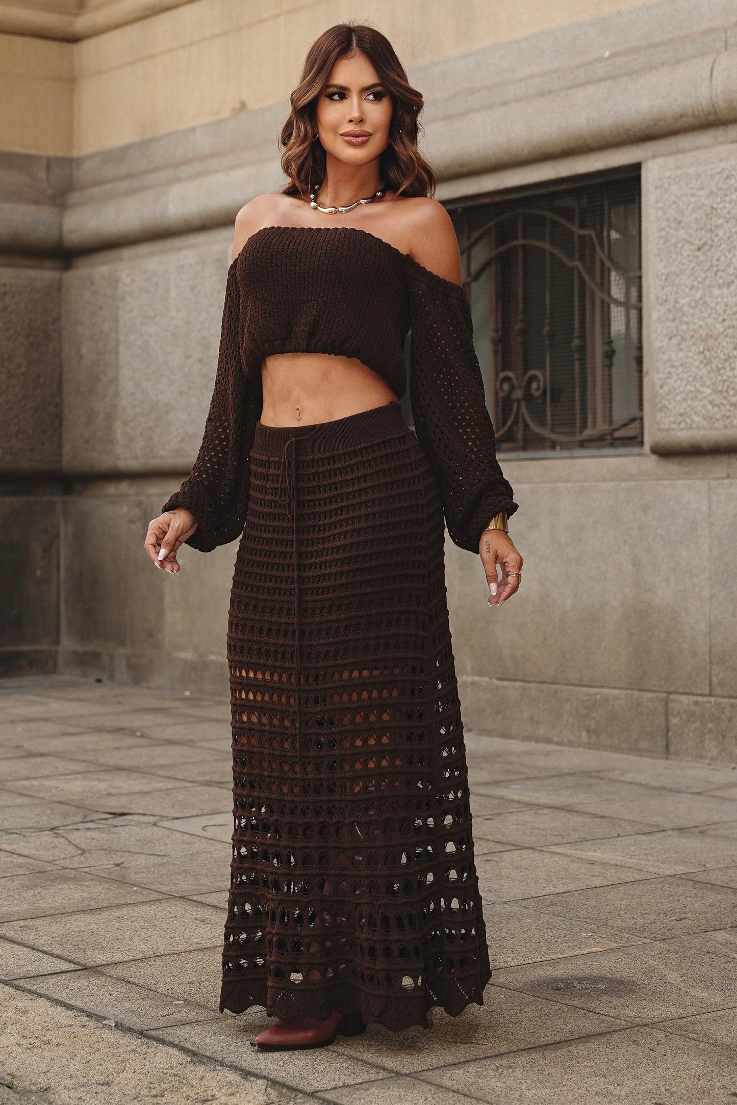 Conjunto Boho em Crochê Marrom