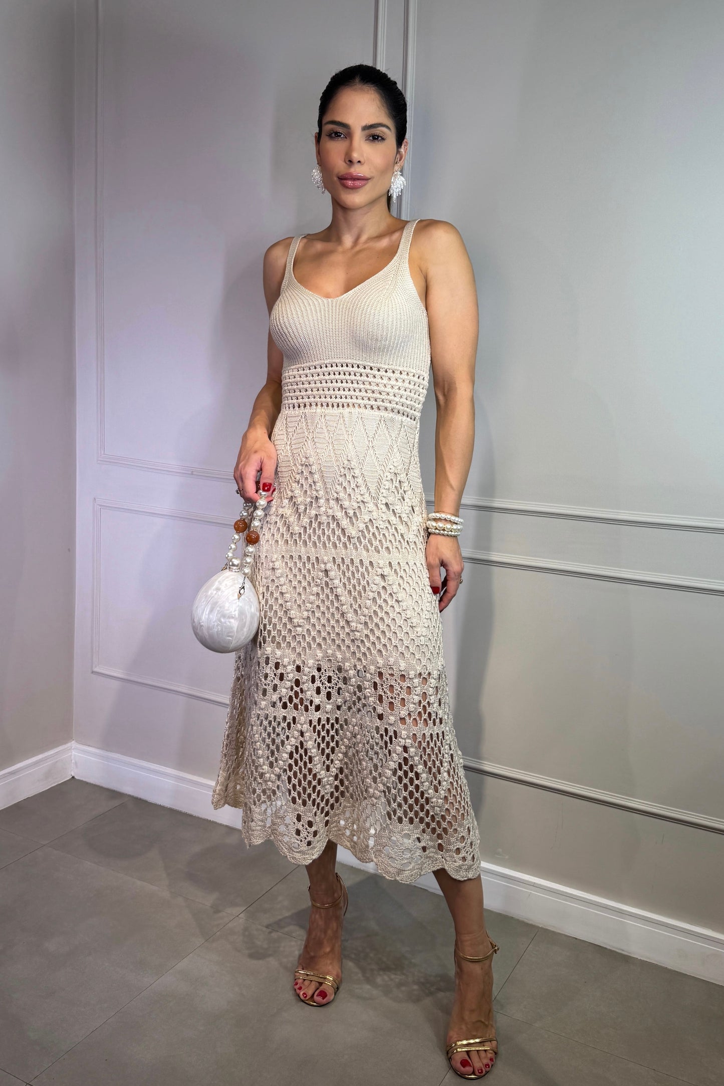 Vestido Tricot Premium Renda Exclusiva Areia