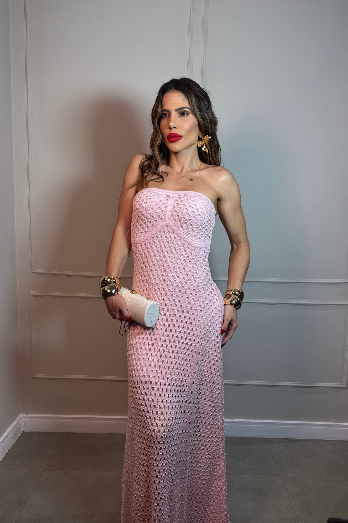 Vestido Tricot Modal Longo Tomara-que-caia Rosa