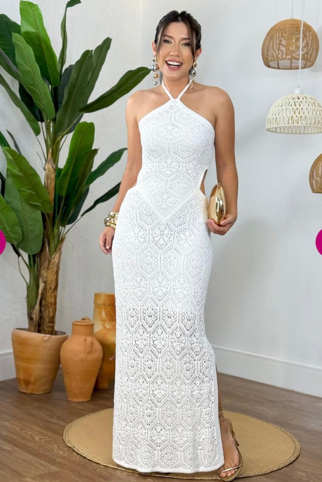 Vestido Tricot Rendado Amarração No Pescoço Branco
