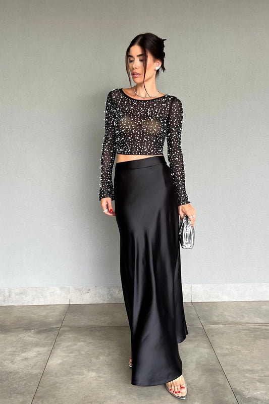 Cropped de Tule com Pedraria Preto