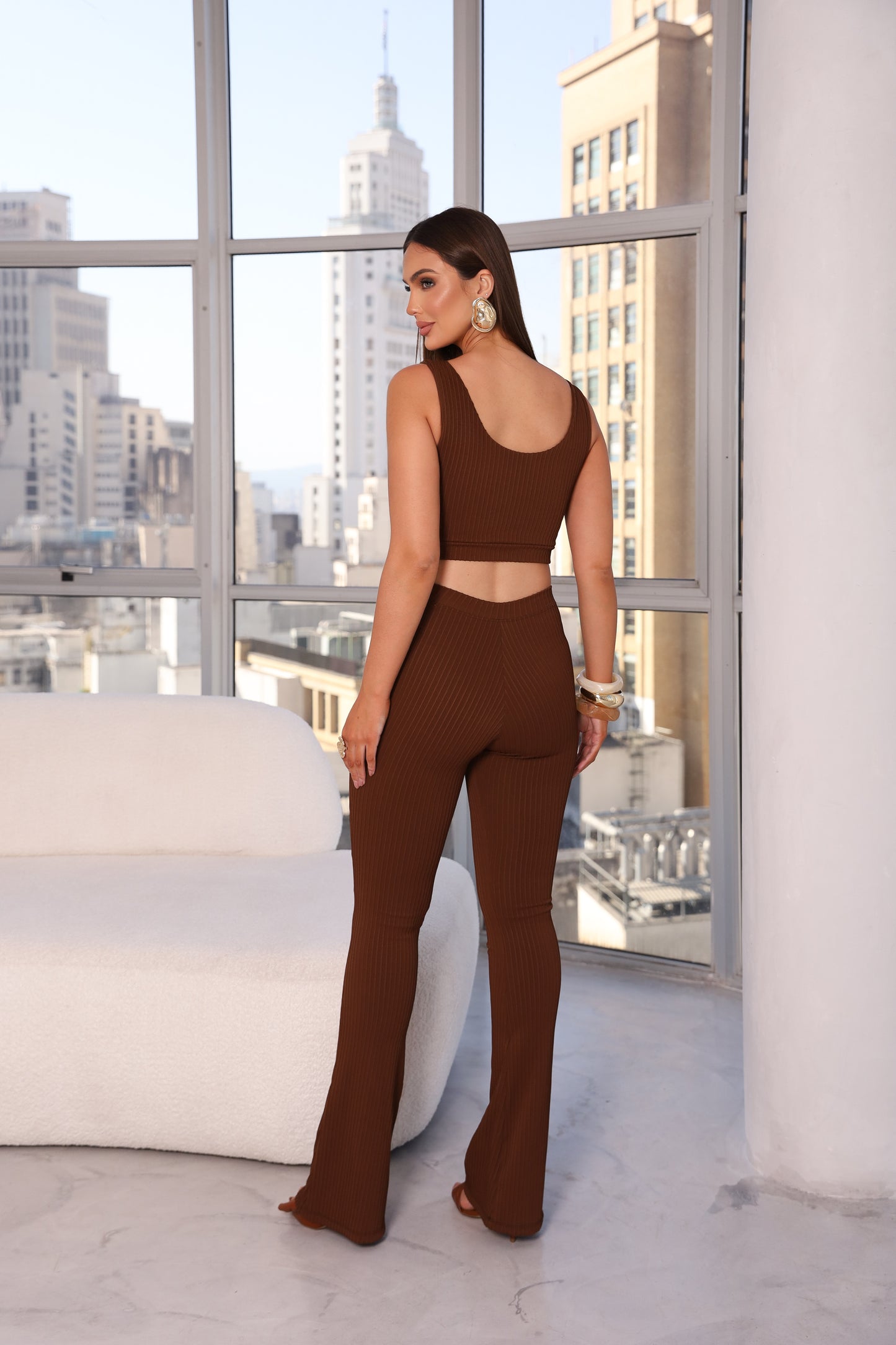 Cropped Modelador Poliamida Dupla Marrom