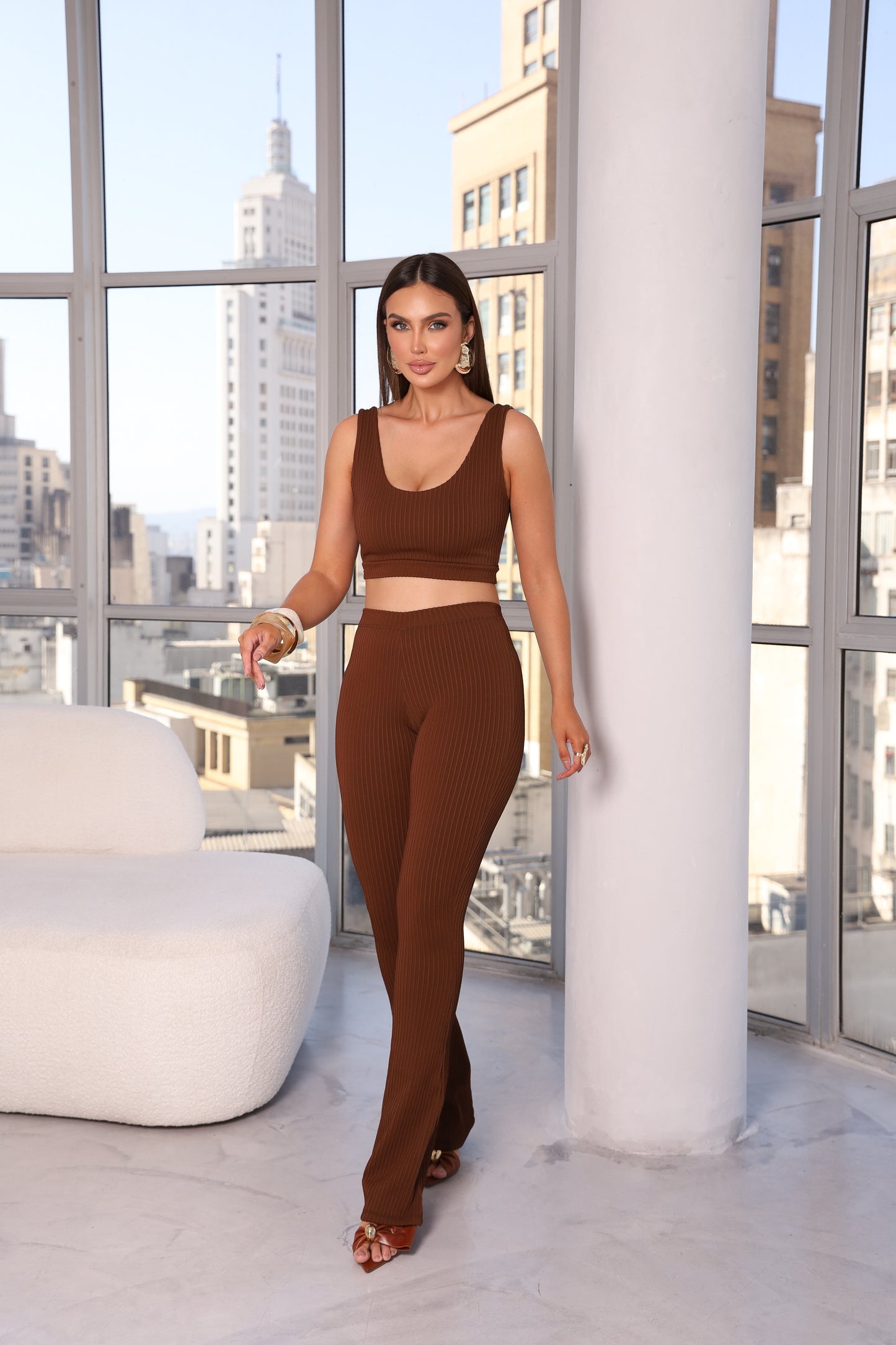 Cropped Modelador Poliamida Dupla Marrom