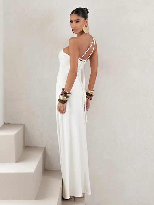 Vestido Longo em Poliamida Um Ombro Só Off