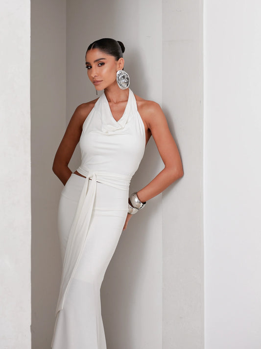 Conjunto Poliamida Cropped Degagê e Saia Longa Off