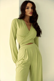 Conjunto Poliamida Cropped Nó Manga Longa e Calça Pantalona Verde