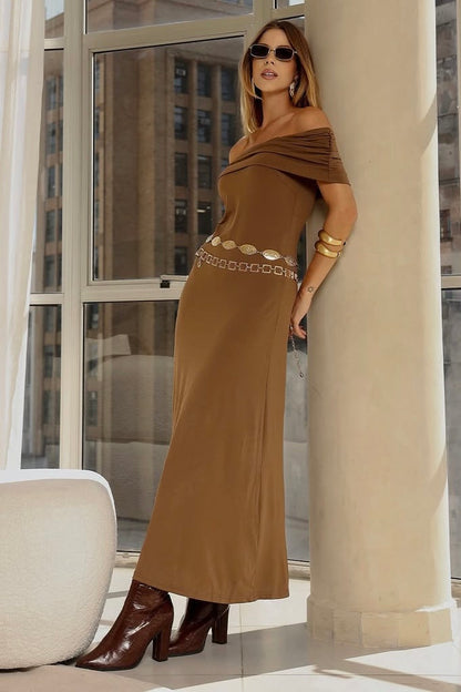 Vestido Longo Ombro A Ombro Marrom