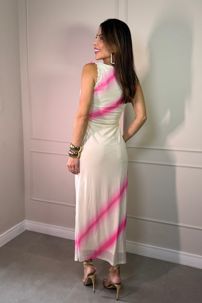 Vestido Tule Estampado Rosa