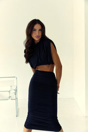 Conjunto Saia Midi Drapeada + Cropped Franzido Preto