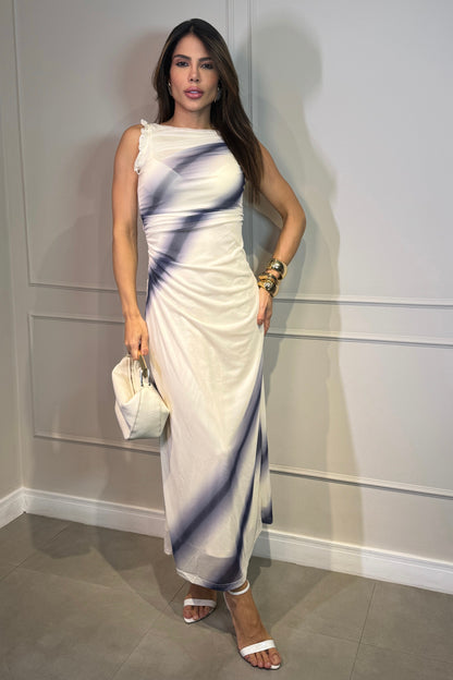 Vestido Tule Estampado Azul