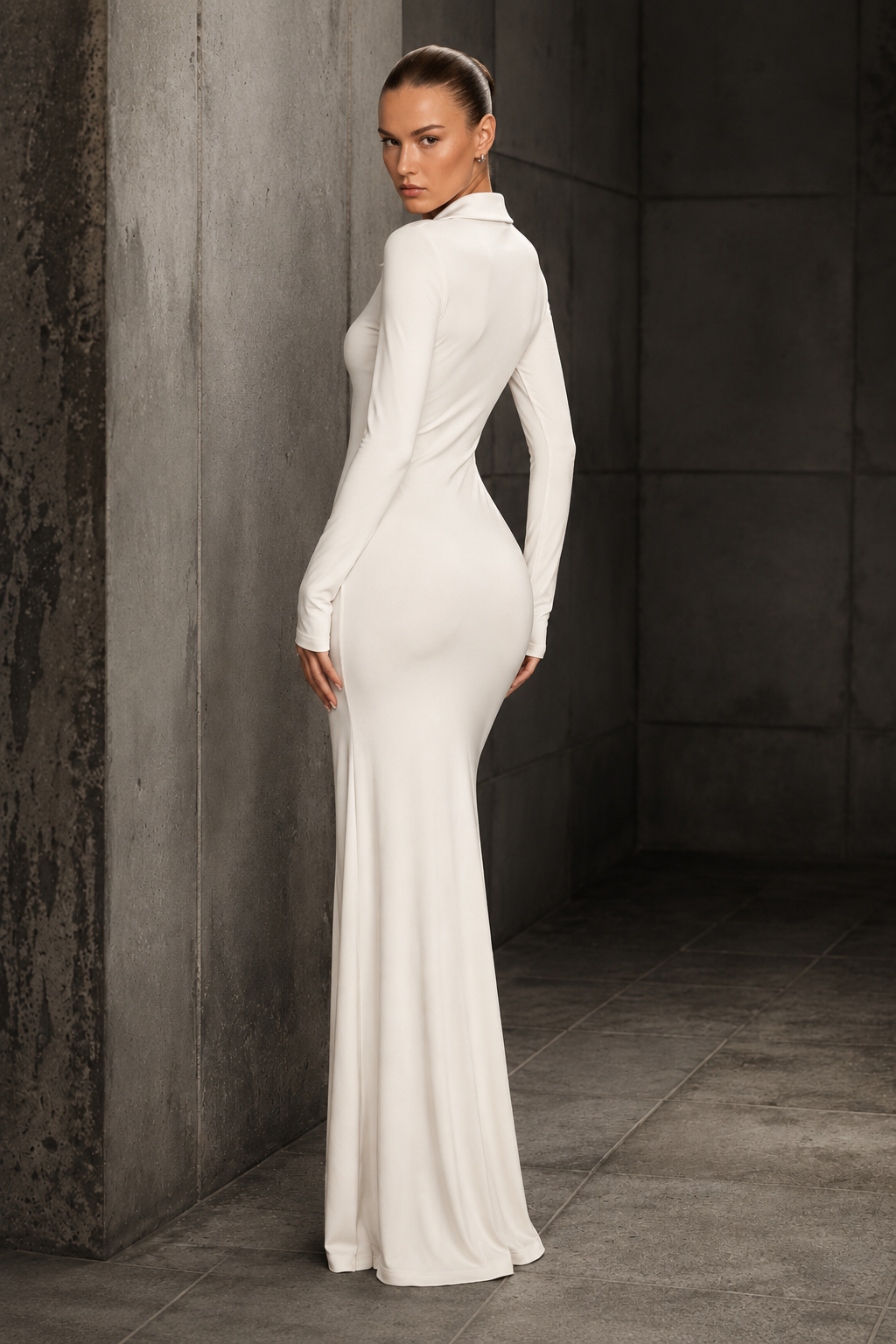 Vestido Longo Off com Gola e Decote V em Poliamida