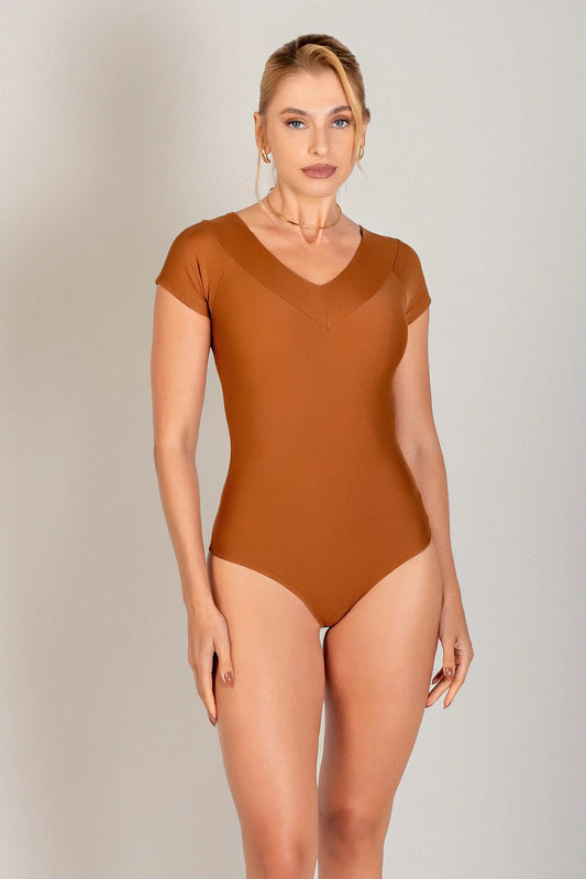 Body Poliamida Decote V Chocolate