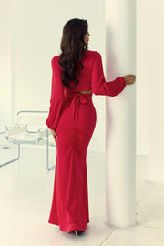 Conjunto Poliamida Cropped Manga Longa + Saia Longa Vermelho