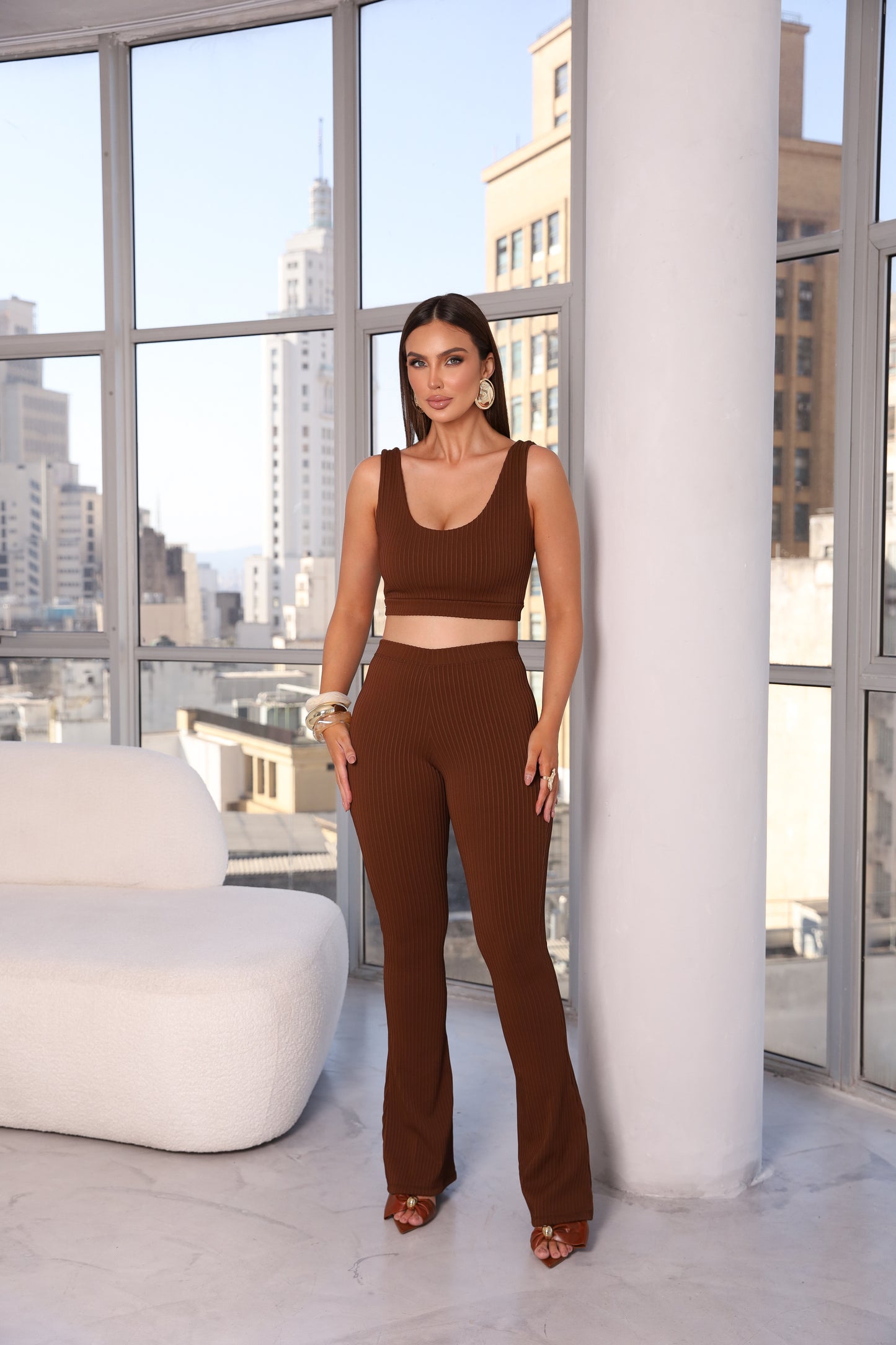 Cropped Modelador Poliamida Dupla Marrom
