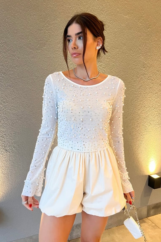 Cropped de Tule com Pedraria Branco