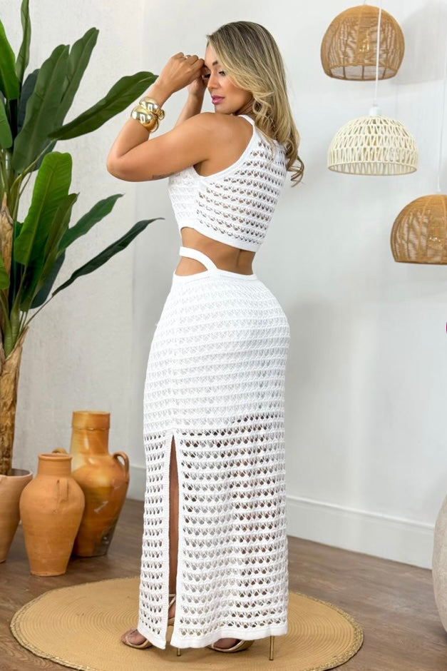 Vestido Tricot Longo com Fenda Branco