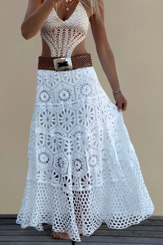 Saia Midi em Crochê Boho Chic Branco