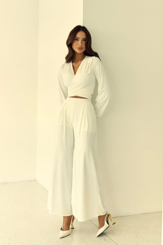 Conjunto Poliamida Cropped Nó Manga Longa e Calça Pantalona OFF