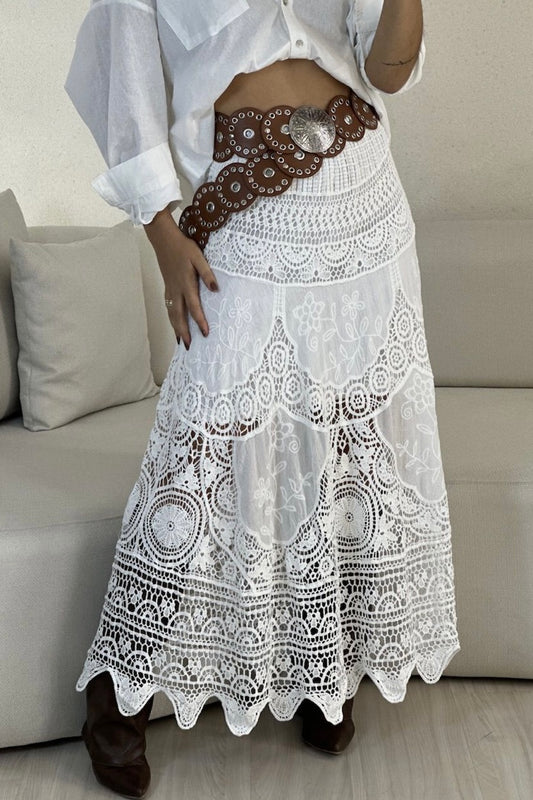 Saia Midi em Crochê Boho Chic Branco