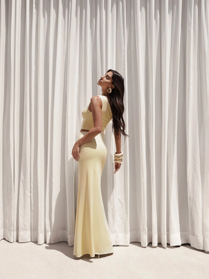 Conjunto Poliamida – Top Assimétrico + Saia Longa Amarelo