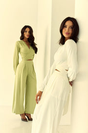 Conjunto Poliamida Cropped Nó Manga Longa e Calça Pantalona Verde