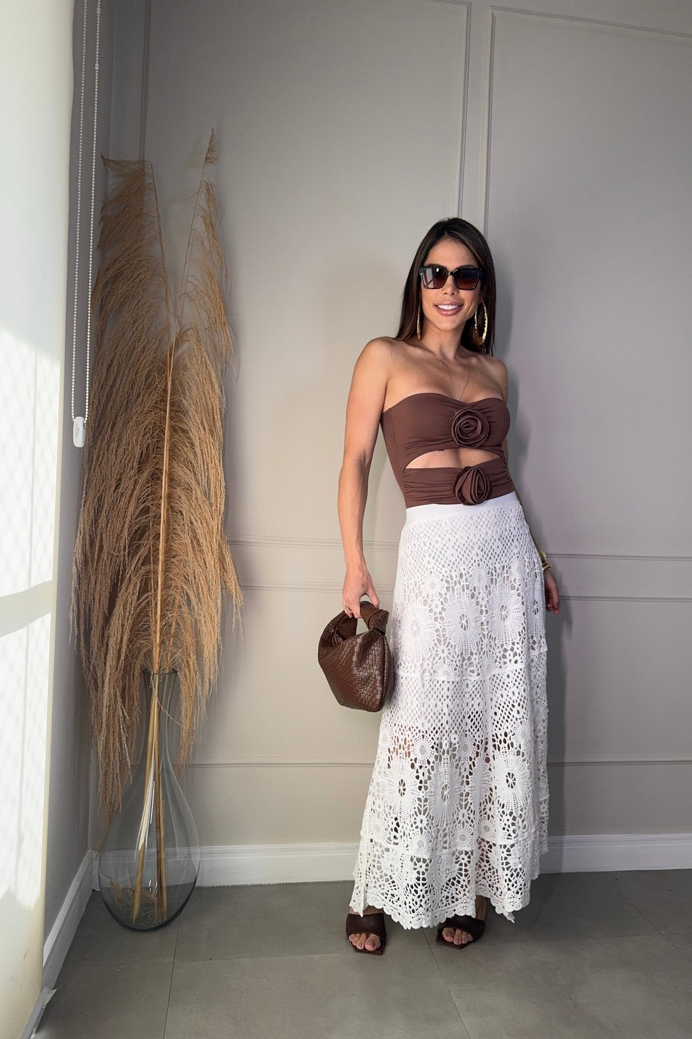 Saia Midi em Crochê Boho Chic Branco