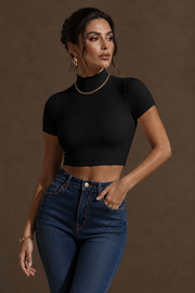 Cropped Gola Alta em Poliamida Preto
