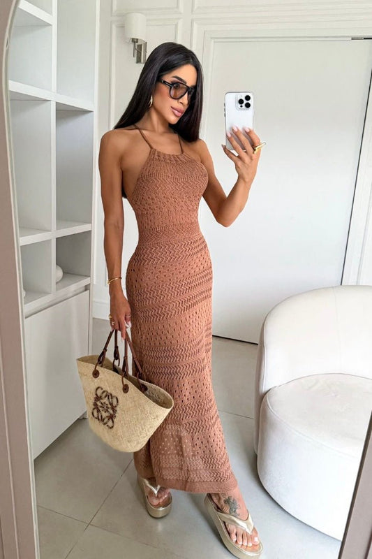 Vestido Tricot Longo com Alças Finas Nude