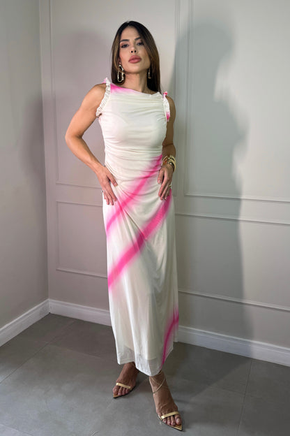 Vestido Tule Estampado Rosa