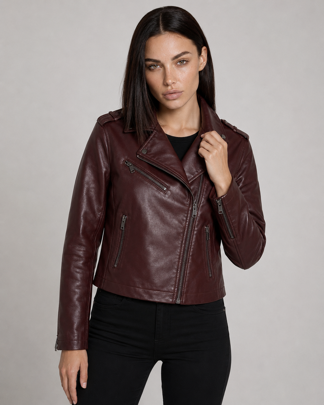 Jaqueta biker em poliuretano resinado - Vinho