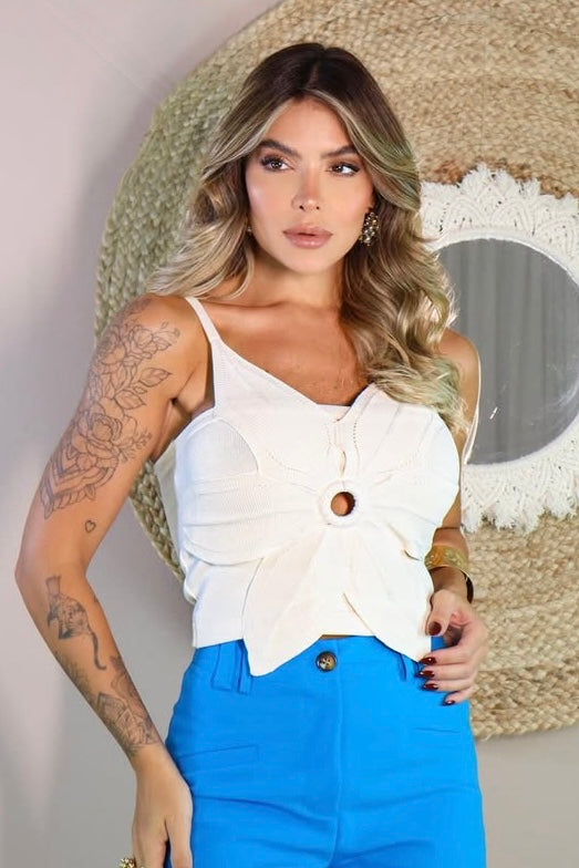 Cropped Flor em Tricô Modal Branco