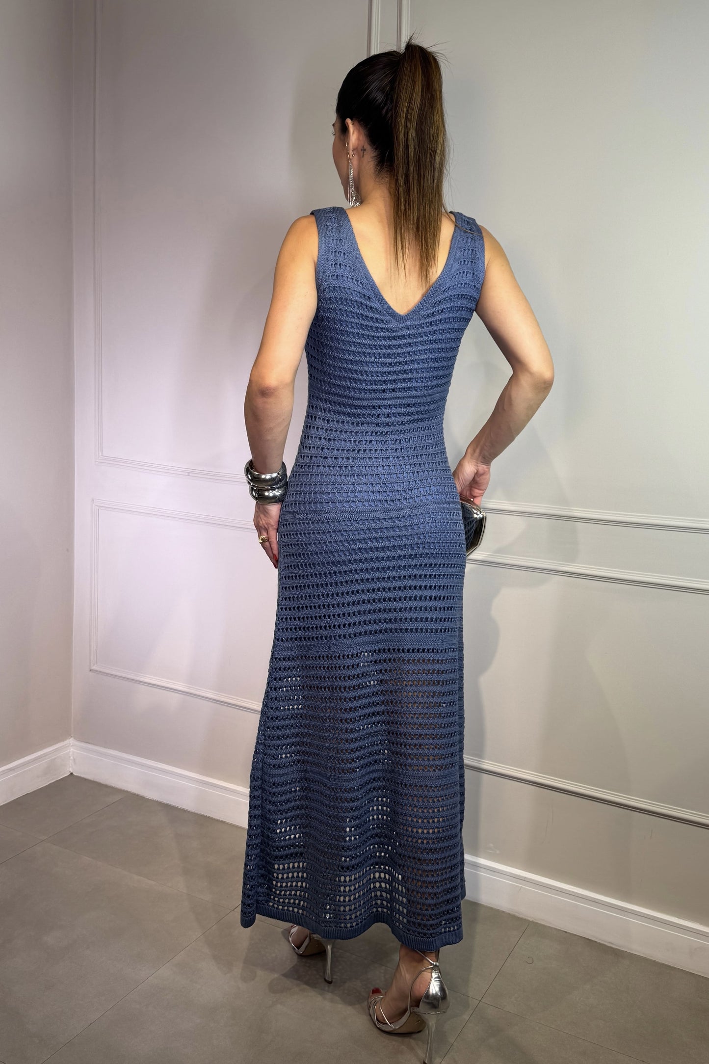 Vestido Tricot Azul com Decote V