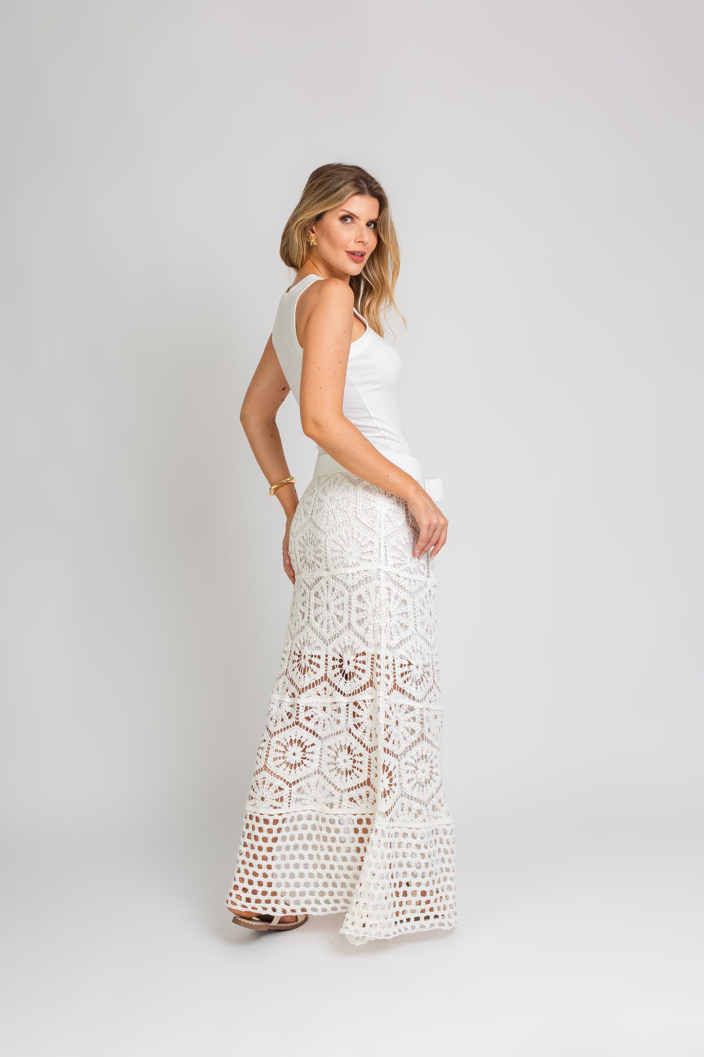 Saia Longa em Crochê Boho Chic Branco