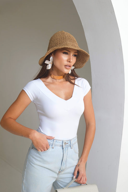 Body Poliamida Decote V Branco